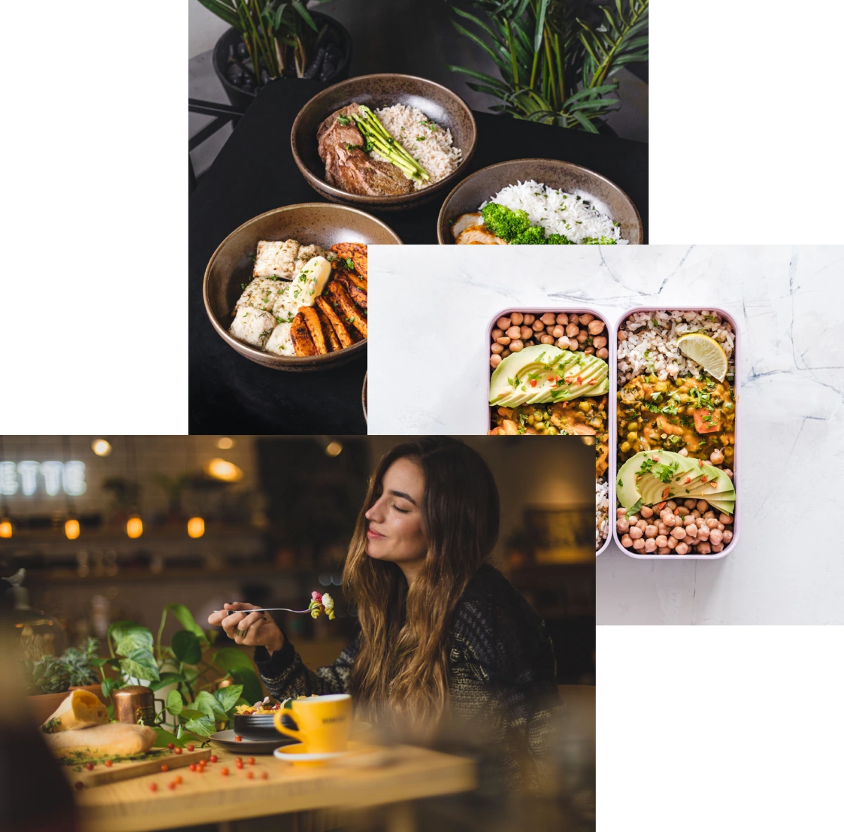 women enjoying food, meals in storage container, and food bowls on a table 